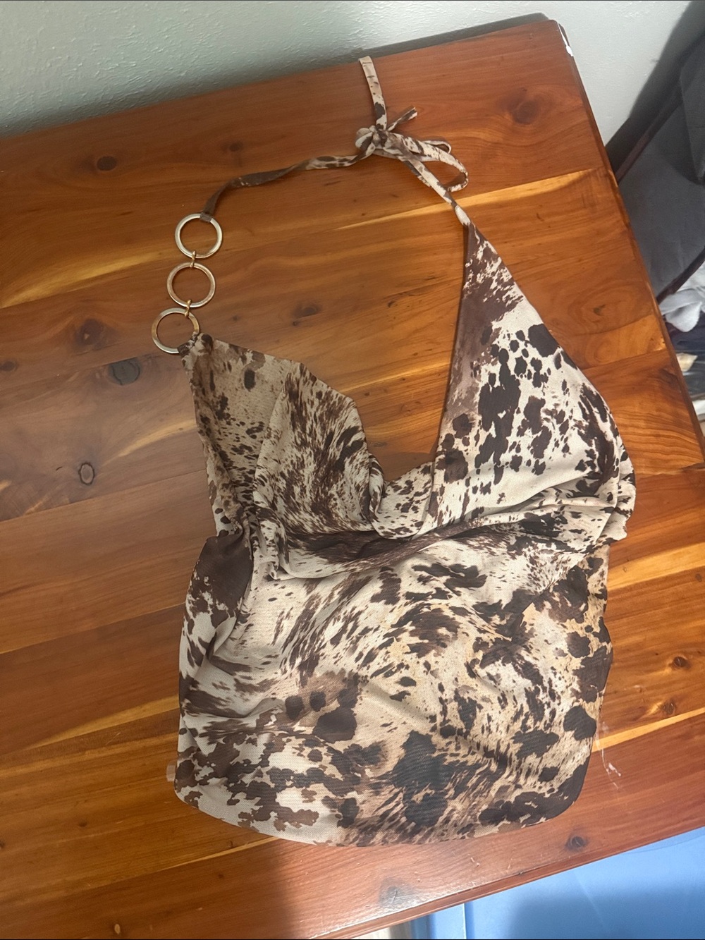 Brown Animal-Print Halter Cowl Neck Top